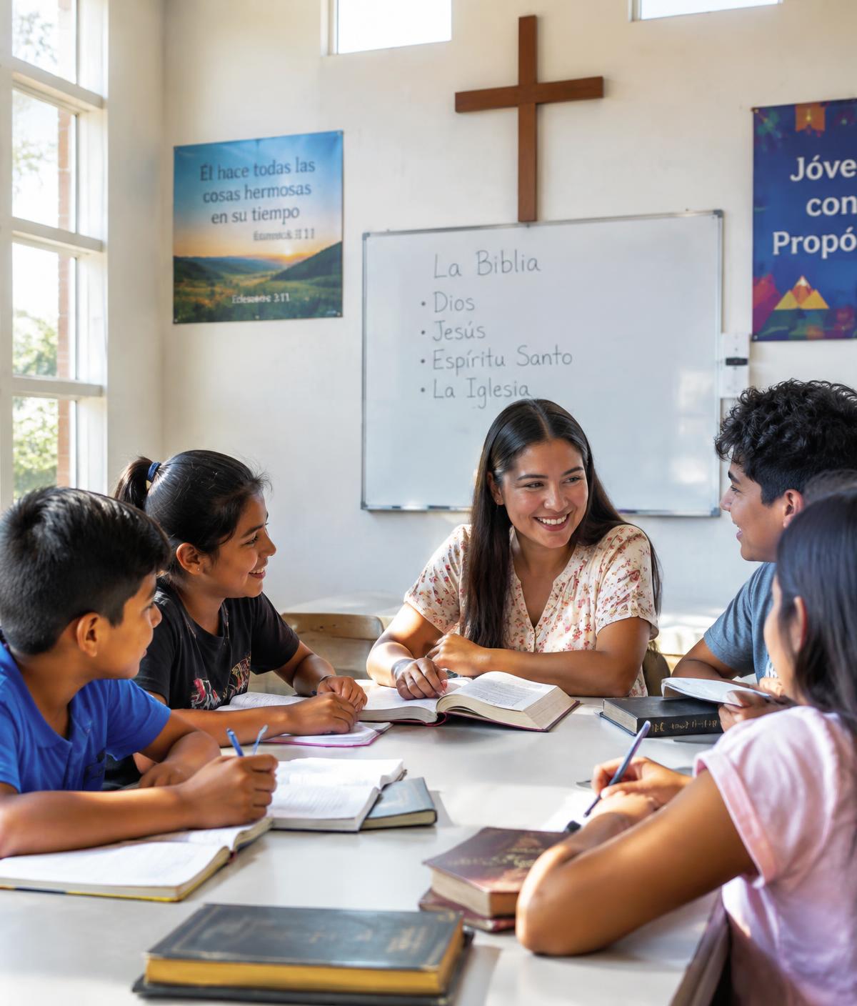 Maestra compartiendo con niños y jóvenes